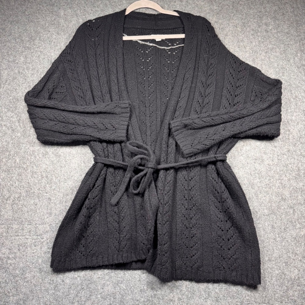 Knox Rose Womens Black Pointelle Knit Belted Cardigan Sweater Large F00234092